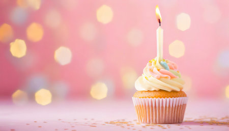 Birthday cupcake with candle on bokeh background, closeupの素材