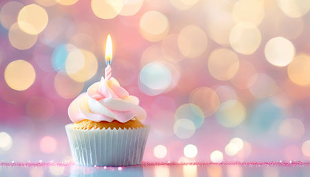 Birthday cupcake with candle on bokeh lights background.の素材