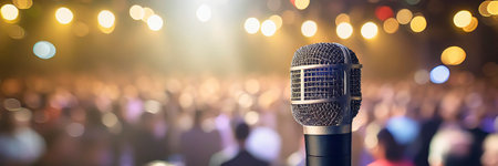 Microphone in concert hall or conference room with blurred bokeh backgroundの素材