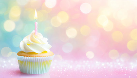 Birthday cupcake with candle on colorful bokeh background.の素材