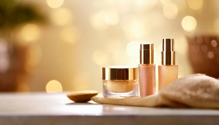 Cosmetic branding, toiletries and skincare concept - Luxury skin care productsle table, golden lights backgroundの素材