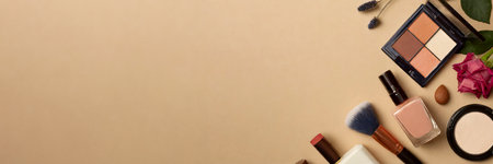 Set of decorative cosmetics on beige background. Flat lay, top view.の素材