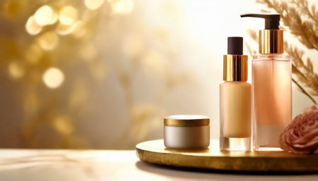 Cosmetic products on table against blurred lights, closeup. Space for textの素材