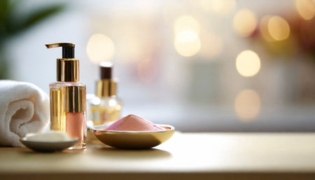 Cosmetic products on table in spa salon, closeup. Beauty treatmentの素材
