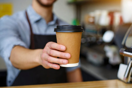 Close up of a male barista holding a paper cup of coffeeの素材
