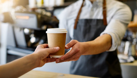 Barista giving coffee to customer in cafe, close-up.の素材