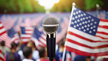 Microphone on blurred background of crowd of people with usa flagの素材