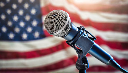 Microphone on the background of the American flag. The concept of communication and news.の素材