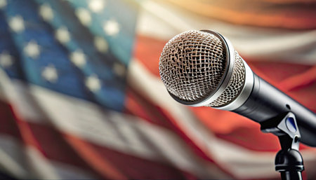 Microphone on the background of the flag of the United States of Americaの素材