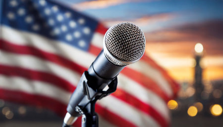 Microphone on the background of the United States of America flag.の素材