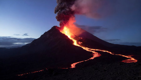 Volcanic eruption at night with flowing lava and ashes cloudの素材