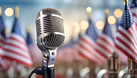 Microphone with american flags on blurred background. 3d renderingの素材