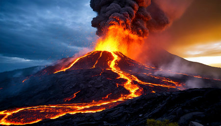 Volcanic eruption at night with flowing lava and ashes cloudの素材