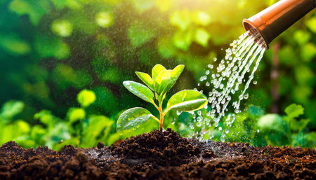 Watering green plant in the ground with bokeh background.の素材