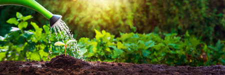 Gardening concept. Watering young plants. Panorama bannerの素材