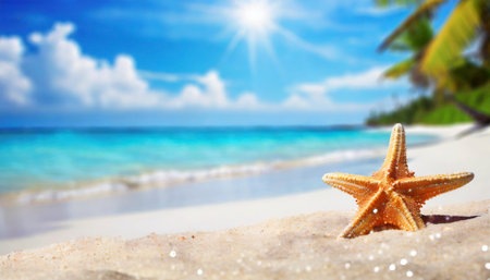 Starfish on the sandy beach with palm trees and turquoise seaの素材