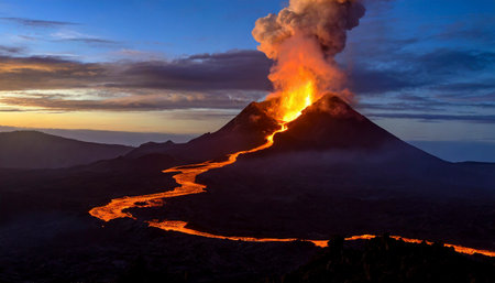Volcanic eruption at night with flowing lava and ashes cloudの素材