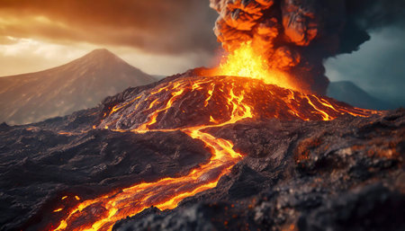 Volcanic eruption at night with flowing lava and ashes cloudの素材