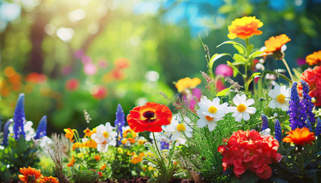 Flower bed with colorful flowers in the garden on a sunny dayの素材