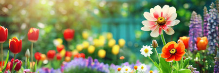 Beautiful blooming spring garden with tulips and daffodilsの素材