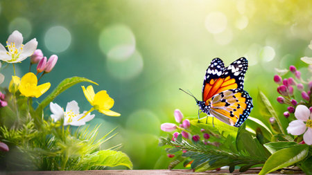Butterfly on spring flowers background with bokeh effect.の素材