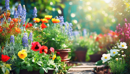 Gardening and floriculture concept. Spring flowers in potsの素材