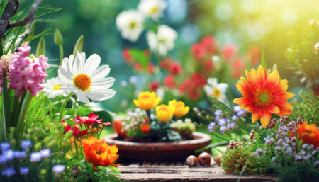 Spring flowers in the garden on a sunny day. Floral backgroundの素材