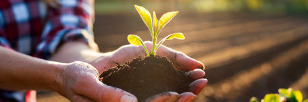 Hands holding young green plant in soil on blurred background, panoramaの素材