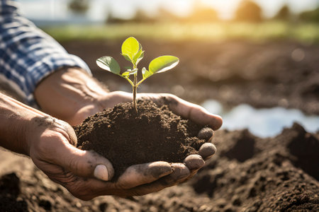 Farmer hands holding young plant with soil on blurred nature background. Ecology concept.の素材