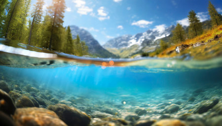 Underwater view of mountain lake with clear water and blue sky.の素材