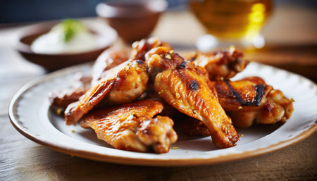 Grilled chicken wings on a plate on a wooden background. Selective focus.の素材