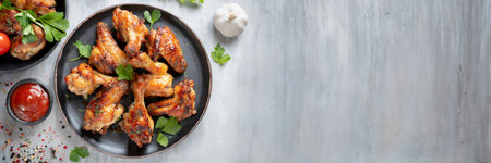 Grilled chicken wings with tomato sauce, garlic and parsley on a gray background. Top view, copy spaceの素材