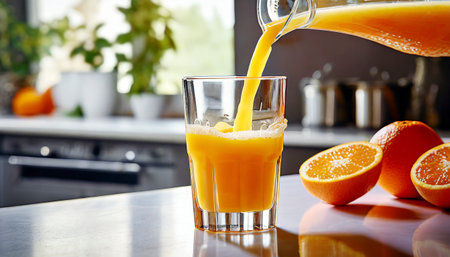 Orange juice pouring into a glass with fresh fruits in the background.の素材