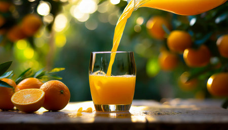 Fresh orange juice pouring into a glass on a wooden table in the gardenの素材