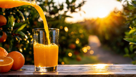 Orange juice pouring into a glass and oranges in the background at sunsetの素材