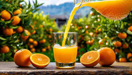 Orange juice pouring into a glass on a wooden table in the gardenの素材