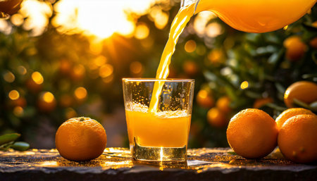Orange juice pouring into a glass on the background of oranges in the gardenの素材