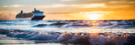Cruise ship in the sea at sunset. Panoramic viewの素材