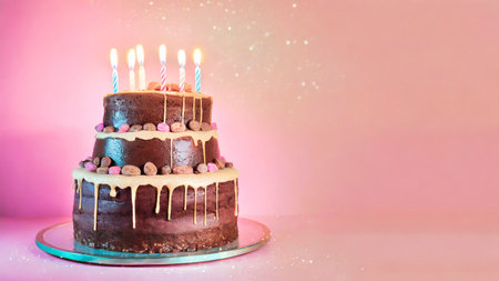 Birthday cake with burning candles on a pink background with copy spaceの素材