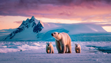 polar bear with cubs on the ice at sunsetの素材