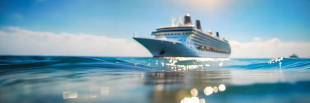 Cruise ship in the sea. Panoramic view of a cruise ship in the ocean.の素材