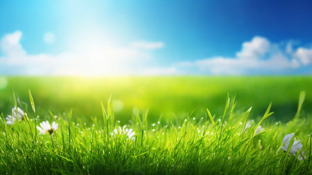 Green grass with flowers and blue sky with clouds. Nature background.の素材