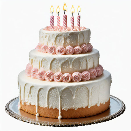Birthday cake with candles isolated on white backgroundの素材