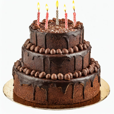 Chocolate birthday cake with candles on white background.の素材
