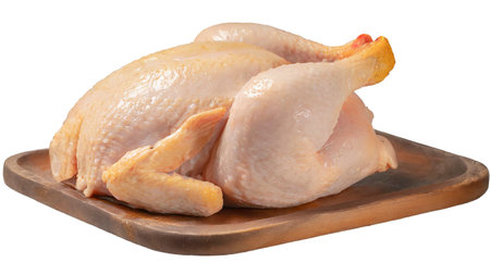 Raw chicken on a wooden board isolated on white background.の素材