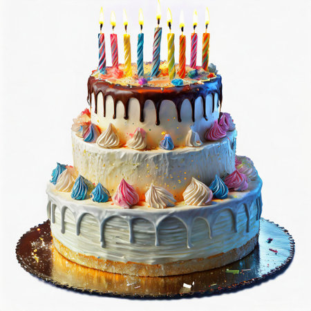 Birthday cake with candles on a white background, close-upの素材