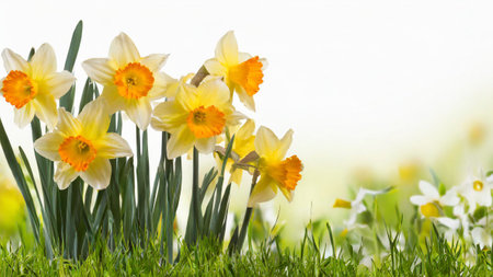 Daffodils and narcissus flowers in green grass over white backgroundの素材