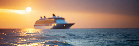 Cruise ship on the sea at sunset. Panoramic viewの素材