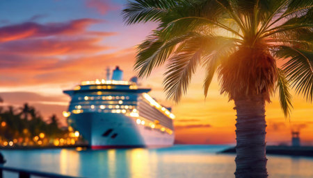 Cruise ship and palm tree at sunset. Vacation concept.の素材