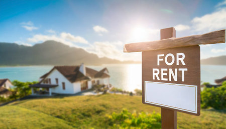 For rent sign with house on the hill with sea view background.の素材